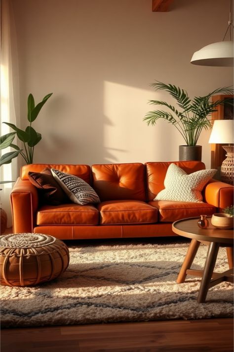 Living Room Color Scheme Ideas With Brown Couch Terracotta Couch Living Rooms, Burnt Orange Couch Living Room Ideas, Living Room Orange Couch, Orange Couch Aesthetic, Living Room Inspiration Brown Couch, Orange Sofa Living Room, Living Room With Brown Couch, Orange Couch Living Room, Cognac Couch