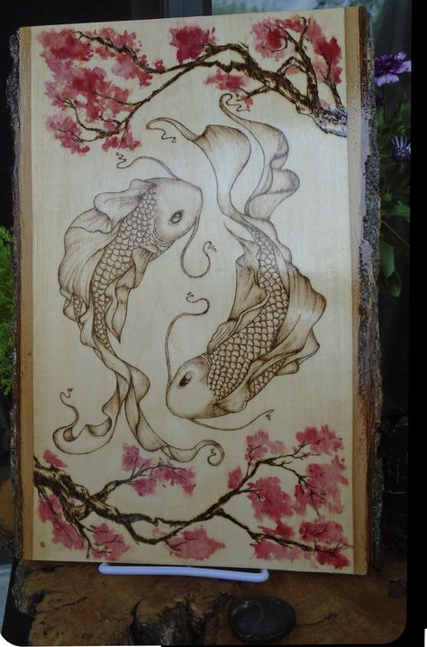 Pyrography Ideas, Pyrography Designs, Wood Burning Patterns Stencil, Koi Fish Drawing, Wood Burning Stencils, Wood Burning Techniques, Wood Burn Designs, Cherry Blossom Art, Pyrography Art