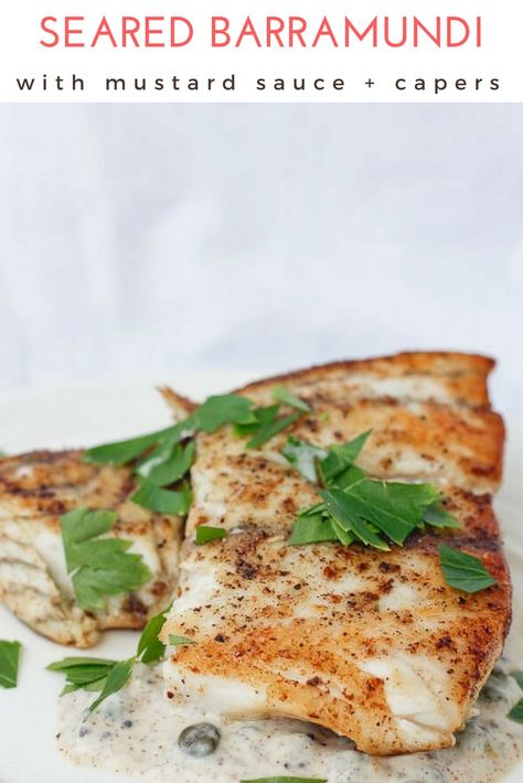 This healthy fish recipe features pan seared Barramundi served with a quick and easy mustard and yogurt sauce. via @champagneta0249 Mustard Caper Sauce, Barramundi Recipes, Seared Fish, Caper Sauce, Seafood Stew, Fish Recipes Healthy, Mustard Sauce, How To Cook Fish, Browned Butter