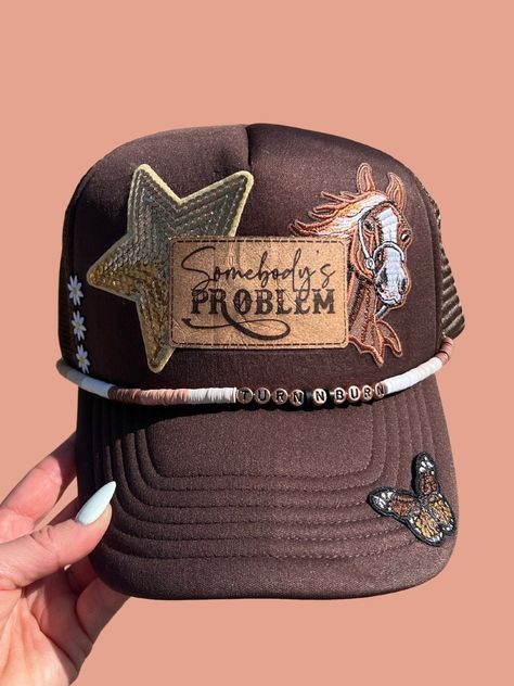 Custom trucker hat, option for removable hat chain Cowgirl Hat Accessories, Trucker Hat Pins, Trucker Hat Bar Ideas, Trucker Hat Outfit Women, Hay Bar, Hat Branding, Boho Western Outfits, Patch Crafts, Trucker Hat Outfit