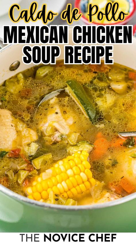 This caldo de pollo, or Mexican chicken soup, is brimming with hearty pieces of tender chicken and wholesome veggies in a richly seasoned broth. Simple to make, nourishing, and guaranteed to warm you up on a chilly evening. Each spoonful offers a taste of homestyle comfort that’s hard to beat! Mexican Lime Soup With Chicken, Chicken Soup With Beans Recipes, Easy Chicken Veggie Soup, Cilantro Chicken Soup, Chicken Cilantro Soup, Chicken Bean Soup Recipes, Chicken Soups And Stews Recipes, Soup With Beans, Mexican Soups