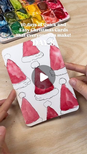 Gabriela Zamfirov | Ink & Watercolor Artist | Day 8️⃣ of our Quick and Easy Christmas Cards that everyone can make! 🎅 Supplies are listed below👇   My supplies: Paper @hahnemuehle_global... | Instagram Easy Watercolor Paintings Christmas, Homemade Christmas Cards Watercolor, Easy Christmas Watercolor Ideas, Hand Painted Christmas Cards Watercolors, Christmas Postcard Ideas, Christmas Watercolor Paintings Easy, Easy Watercolor Cards, Easy Watercolor Christmas Cards, Whimsical Christmas Art