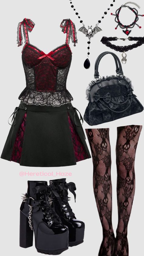 Black and red goth outfit Red Grunge Outfit, Red Goth Outfits, Red Goth, Killstar Clothing, Red And Black Outfits, Punk Style Outfits, Vampire Clothes, Clown Clothes, Goth Outfit