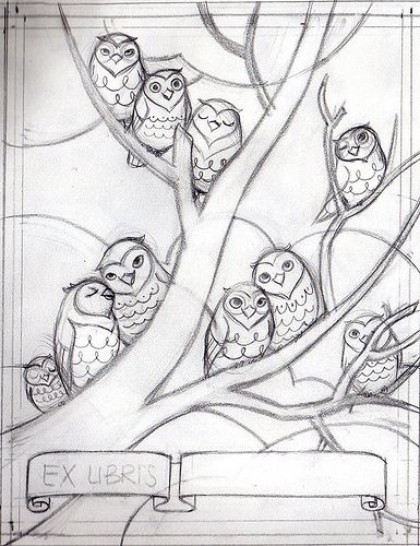 https://flic.kr/p/7pBohj | Ex Libris Sketch - Tree | My good friend Melissa Chao asked me to create a series of 5 creature & nature themed… Tree With Animals Drawing, Owl Family Drawing, Owl In Tree Tattoo, Owl On A Tree Drawing, Zentangle Owl Easy, Family Tree Drawing, Owl On A Branch Drawing, Owl Sketch, Bird Sketch