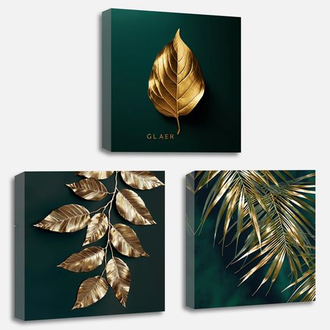 PRICES MAY VARY. [3 panels Green and Gold Plant leaves Art]-----A perfect Mid-Century modern wall decoration painting for your home, living room, office, bedroom, kitchen, apartment, corridor, restaurant, bar, etc. Unique wall art adds an elegant artistic atmosphere to you. [Product Material]-----This modern 3 pieces Abstract Gold Tropic Plant of life wall art artwork is made of professional canvas material, which is waterproof and durable, which is good for long-term collection. Images are prin Lounge Wall Decor Ideas, Emerald And Gold Home Decor, Emerald Green Black And Gold Bedroom Aesthetic, Emerald And Gold Office, Dark Green And Gold Bedroom, Green And Gold Office, Emerald Green Living Room Decor, Green And Gold Home Decor, Green And Gold Bedroom