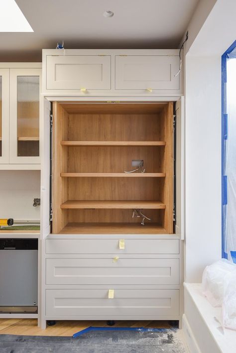 kitchen larder with pocket doors by herringbone kitchens Kitchen Luxury, Kitchens Luxury, Cabinet Options, Kitchen Refresh, Spice Racks, Space Available, Design Hack, Pocket Doors, Bifold Doors