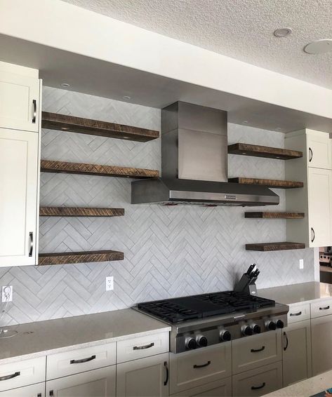 Two Birds Furniture on Instagram: “Floating shelves are a great way to add storage to your kitchen. We love the details of the rough sawn faces and herringbone tile…” Floating Shelving, Add Storage, Hardware Cloth, Shelving Design, Herringbone Tile, Home Catalogue, Furniture Showroom, Two Birds, Old Barns