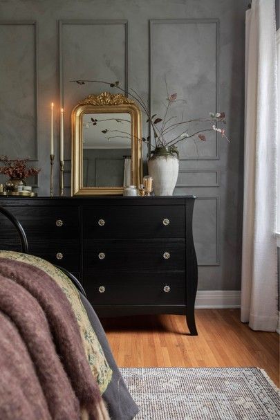 Moody Bedroom Mirrors, Lone Fox Marie Bedroom, Dark Wood French Country Bedroom, Dark Parisian Bedroom, French Provincial Moody Bedroom, Moody French Provincial Decor, Moody French Provincial Bedroom, Romantic Moody Bedroom, Moody Feminine Bedroom