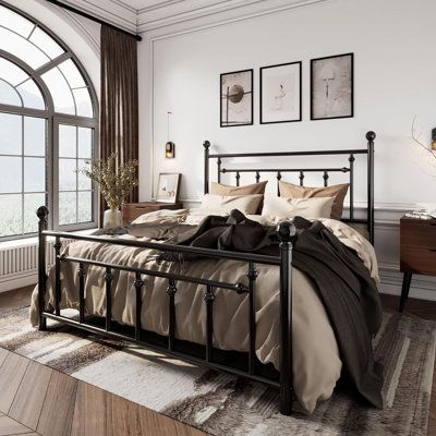 Constructed with heavy-duty quality materials, our queen-size metal beds ensure a restful sleep night after night. 14 metal bars and 9 metal legs provide a high load capacity of up to 800 lbs, offering sufficient firmness and support. With clean lines and thick tube frames, our black queen bed frame with headboard effortlessly blends romantic aesthetics with modern flair, making it suitable for any styled bedroom. The metal bed frames have an H-shaped headboard and footboard, minimizing sliding Black Queen Bed Frame, Queen Bed Frame With Headboard, Black Iron Beds, King Metal Bed Frame, Black Queen Bed, Styled Bedroom, Black Metal Bed Frame, Metal Bed Frames, Black Metal Bed