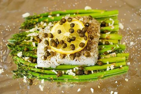 Baked Cod and Asparagus in Garlic Lemon Caper Sauce in Foil Cod And Asparagus, Fish And Asparagus, Baked Haddock Recipes, Pacific Cod, Baked Haddock, Recipe To Cook, Haddock Recipes, Best Fish Recipes, Lemon Caper Sauce