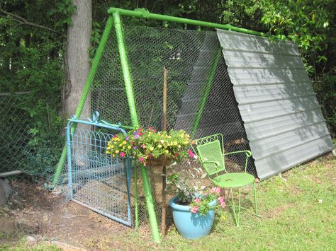 Put a frame around the bottom, wheels, and shade fabric in place of metal roofing (maybe) and an old swingset frame becomes a cheap and easy mobile chicken tractor. Raising Chicken, Chicken Coup, Chicken Tractor, Chicken Life, Chicken Run, Diy Chicken, Guinea Fowl, Keeping Chickens, Building A Chicken Coop