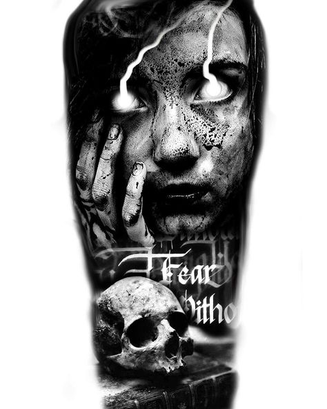 Design ready for tattoo #realistictattoo #blackandgrey #realismtattoo #zombie #scarry #book #skull #skulltattoo #lettering #digitaldesign Fear Tattoo, Zombie Tattoos, Evil Tattoos, Demon Tattoo, Creepy Tattoos, Dark Art Tattoo, Horror Tattoo, Design Tattoos, Ready For