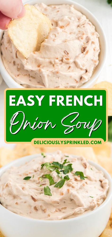 Whip up this French Onion Dip! 2 ingredients are all you need for this easy dip recipe. Creamy with bold, savory flavors, it's the perfect game day food idea for chips. Variations for this party appetizer included! French Onion Soup Dip Recipe, Onion Soup Dip, French Onion Dip Recipe, Homemade French Onion Dip, Easy Healthy Soup, Easy Soup Recipes Healthy, Chip Dip Recipes, Onion Dip Recipe, Winter Soup Recipe