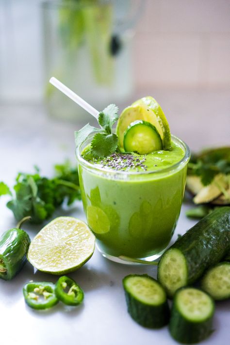 Mexican Green Smoothie- with Avocado, Jalapeño, Cilantro, Lime, Kale and Pineapple. Delicious and nutritious...and vegan! | www.feastingathome.com #smoothie #avocado #cilantro #pineapple #avocadosmoothie Vegetable Smoothie Recipes, Avocado Smoothie Recipe, Feasting At Home, Mexican Breakfast Recipes, Breakfast Smoothie Recipes, Smoothie Cleanse, Healthy Green Smoothies, Smoothie Detox, Avocado Smoothie