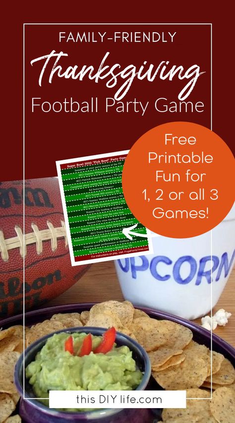 Looking for a super fun Thanksgiving football pool printable game? We've got you covered. Our printable Thanksgiving football game will make watching football enjoyable for the whole family - kids and adults! Even if they don't like football. And it's free! Chicken Kabobs In Oven, Kabobs In Oven, Baked Chicken Kabobs, Holiday Crockpot, Christmas Planning Printables, Football Party Games, Gameday Party, Superbowl Party Games, Football Pool