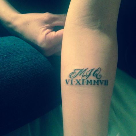 Roman Numerals Tattoo Cursive initials Forearm tattoo Roman Numerals Tattoo, Numerals Tattoo, Baby Memorial Tattoos, Best Tattoo Fonts, Tattoos For Dad Memorial, Memorial Tattoo Designs, Tattoo Diy, Back Of Arm Tattoo, Tattoo Fonts Cursive