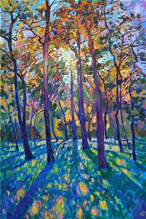 Woodlands pines original oil painting for Texas landscape art collectors Woodland Oil Painting, Erin Hansen Art, Erin Hanson Painting, Landscape Art Acrylic, Erin Hansen, 자작나무 그림, Texas Landscape, Erin Hanson, Contemporary Impressionism