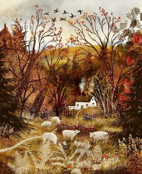 Sheep Illustration, Storybook Art, Apple Trees, Autumn Illustration, Cottage Art, Naive Art, Fall Pictures, Autumn Art, Autumn Aesthetic