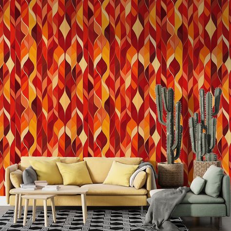 Wavy Retro Wallpaper, Red and Orange Vintage Peel and Stick, Vibrant Modern Room Decor, Warm Amber and Rich Brown Geometric Print, Art Deco by WallPaperAvenueCo on Etsy Modern Room Decor, Accent Walls In Living Room, Wallpaper Red, How To Install Wallpaper, Red And Orange, Retro Wallpaper, Woven Paper, Prepasted Wallpaper, Art Deco Inspired