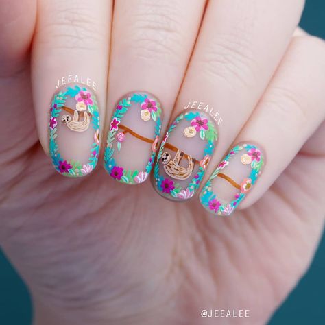 Sloth Nails Designs, Sloth Nail Art, Sloth Nails, Nail Board, Animal Nails, Painted Nail Art, Round Nails, Late Spring, Boys Haircuts