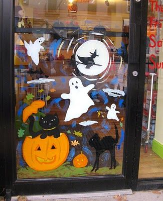 Halloween cats, ghosts, witch... toy store door painting 2010 Witch Window Painting, Halloween Window Painting Ideas Scary, Ghost Window Painting, Window Painting Ideas Halloween, Halloween Painted Windows, Fall Window Painting Store Fronts, Pumpkin Window Painting, Halloween Window Art Paint, Halloween Window Painting Ideas