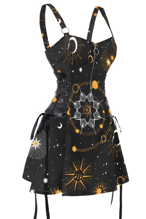 PRICES MAY VARY. Polyester, Spandex Imported Zipper closure Hand Wash Only No stretch fabric, unlined, lightweight, skin-friendly and comfortable to wear Features: Sleeveless, backless, high waist dress, sexy half zipper front will get all attention by adjusting zipper This vintage galaxy dress styled with a fit and flare skirt covered in moons, suns, and stars, a flirty square back, and lace up at both sides for a comfy fit This bodycon dress can wear alone as a daily dress or layer over a long Casual Dresses For Summer, Galaxy Dress, Fast Fashion Brands, Fit And Flare Skirt, Gothic Dress, Stylish Jackets, Mini Dress Casual, Daily Dress, Really Cute Outfits