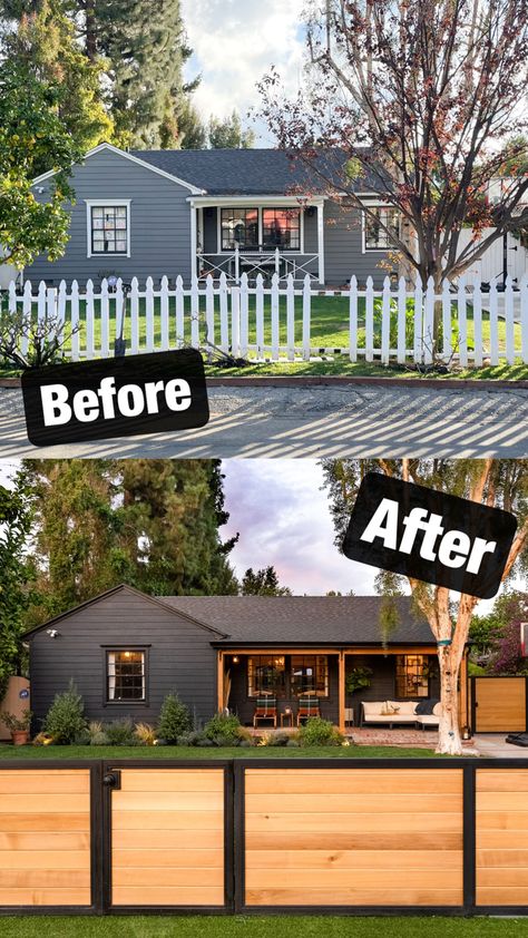 Modern farmhouse black exterior paint black house Rock Garden Ideas Front Yard, Bungalow Exterior Makeover, Front Yard Trees, Garden Ideas Front Yard, Yard Trees, Exterior Home Makeover, Curb Appeal Garden, House Makeovers, House Before And After