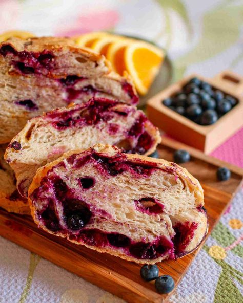 The Easiest Blueberry Citrus No-Knead Artisan Bread Blueberry Danish, Dutch Oven Uses, Pull Apart Loaf, Artisan Bread Recipes, Pastry Board, Knead Bread, Blueberry Desserts, Easy Blueberry, No Knead Bread