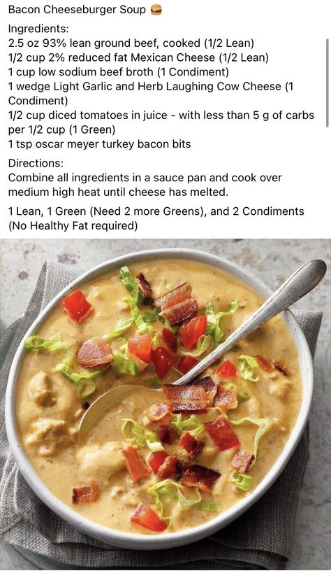 Cheese Burger Soup, Burger Soup, Lean Dinners, Medifast Recipes, Healthy Chicken Parmesan, Lean Protein Meals, Bacon Cheeseburger Soup, Lean And Green, Recipe List