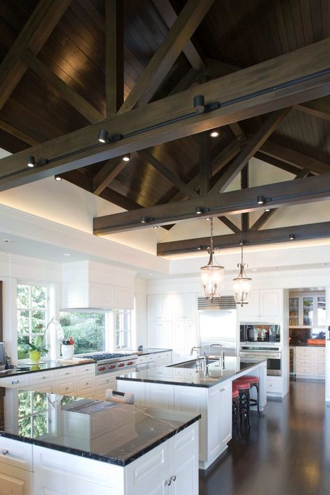 Rafter Lighting, Beam Ceiling Lighting, Ceiling Lighting Ideas, Farmhouse Kitchen Light Fixtures, Vaulted Ceiling Ideas, Vaulted Ceiling Lighting, Exposed Beams Ceiling, Home Wall Colour, Beam Ceiling