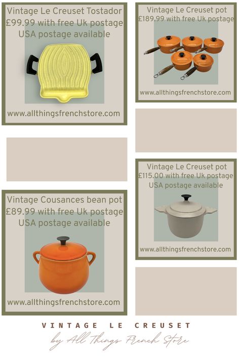 Some of the vintage Le Creuset and Cousances now for sale on our website Le Creuset Vintage, Le Crueset, Recipe Book Stand, Mini Casseroles, French Brocante, Le Creuset Cast Iron, Kitchen Roll Holder, Wine Gift Set, Bean Pot