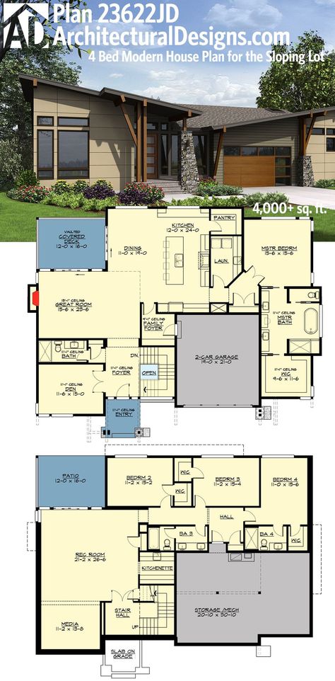 Big Modern Houses, Sloping Lot House Plan, Modern House Floor Plans, Basement House Plans, Free House Plans, House Plans One Story, House Plan Gallery, Architectural Design House Plans, Simple House Plans