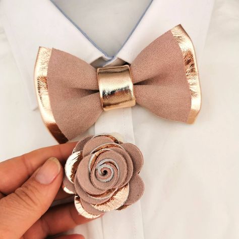 Blush Groomsmen Attire, Rose Gold Suit, Rose Gold Wedding Accessories, Safe Wedding, Pink Tuxedo, Gold Bow Tie, Leather Bow Tie, Flower Lapel Pin, Lapel Flower