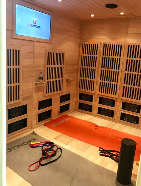 Hotworx Review, Hotworx Workouts, Basement Sauna With Workout Room, Hotworx Workout Routine, Fitness Studio Aesthetic, Hotworx Sauna, Home Gym With Sauna, Private Gym Studio, Home Gym With Sauna Steam Room