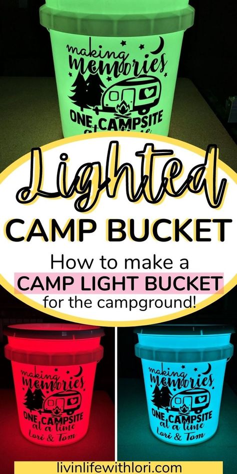 Lighted Camping Buckets Diy, Camp Bucket Light Diy, Camping Light Buckets, Camping Buckets With Lights Diy, Camp Lighting Ideas, Camping Lights Ideas, Campsite Lighting Ideas, Camping Signs Diy, Campsite Lighting