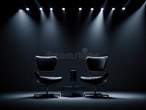 Two chairs and spotlights in podcast or interview on black background. ai generative stock photography Podcast Chairs, Podcast Background Ideas, Studio Backdrop Ideas, Podcast Studio Aesthetic, Podcast Background, Podcast Space, Podcast Room, Podcast Aesthetic, Podcast Ideas