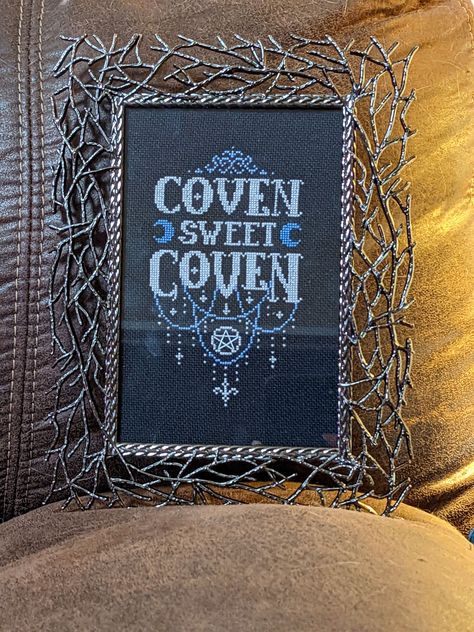 And it's framed!!! Coven Sweet Coven from The Witchy Stitcher. Had a little photo bombing familiar, but she decided it wasn't anything fun to play with and moved on so I could get a good picture. I loved finished this pattern. I used 1 over 2 on 25ct chalkboard, and swapped in the blues to match my personal taste. #CovenSweetCoven #CrossStitch #Crafts #CrossStitchersOfIG #CrossStitcher #CrossStitchLove #CrossStitching #XStitch #XStitcher #CrossStitchersOfInstagram #CountedCrossStitch Witchy Stitcher, Cross Stitch Love, Personal Taste, The Blues, Coven, 2 On, Counted Cross Stitch, Fig, Chalkboard