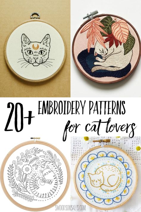 Click through and see this curated list of modern cat embroidery patterns to stitch! Lots of cute cat hand embroidery designs to choose from and gift or use as decor. Hygge Embroidery Pattern, Embroidered Cats Embroidery Designs, Monochrome Embroidery Patterns, Animal Embroidery Patterns Free, Cat Embroidery Designs Free Pattern, Funny Cat Embroidery, Cat Embroidery Pattern Free, Embroidery Cat Easy, Printable Embroidery Patterns Free