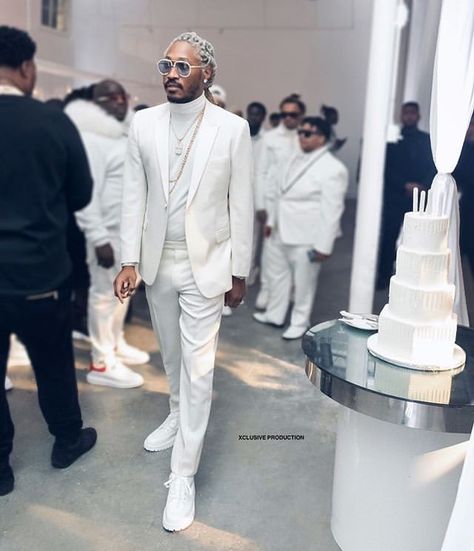 White Suit With Turtleneck Men, Mens White Turtleneck Outfit, All White Affair Outfits Men, All White Black Mens Outfit, Prom Turtleneck Men, White Turtleneck Outfit Men Formal, All White Formal Outfit For Men, Rappers In Suits, Mens Outfits Suits