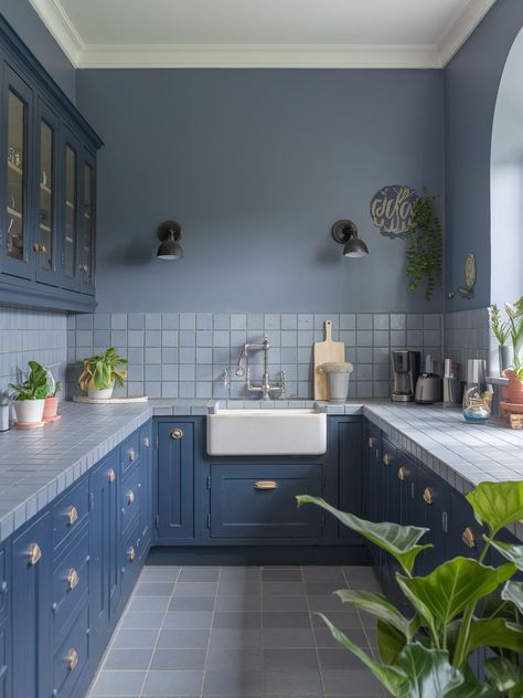 27 Navy Blue Kitchen Cabinets – Your Motor Geek Blue Tiles Kitchen, Dusty Blue Kitchen, Navy Blue Kitchen Cabinets, Blue Kitchen Tiles, Kitchen Concept, White Worktop, Navy Blue Kitchen, White Subway Tile Backsplash, Metallic Backsplash