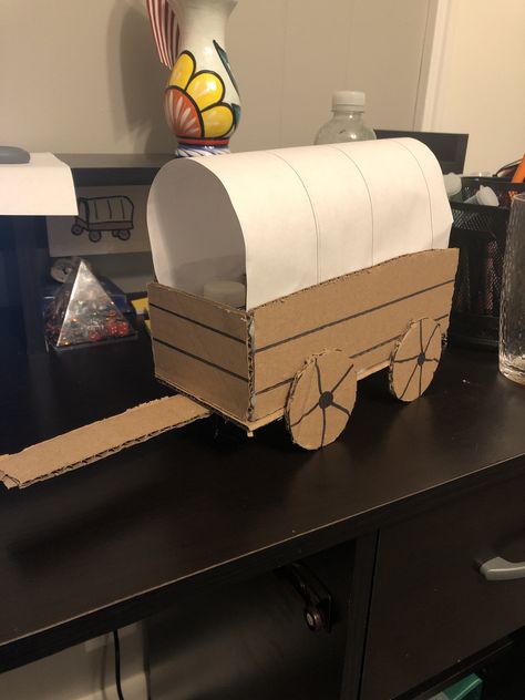 Covered Wagon Project Kids, Diy Covered Wagon, Covered Wagon Project, Covered Wagon Craft, Horse Cart, Diy Preschool, Wooden Wagon, Western Theme Party, Western Party