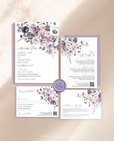 Purple Wedding Invitation Suite Template, QR Code Wedding Invitation Set, Violet Poppy Wedding Invite Save The Date Cards Printable E075 Wedding Invites Purple, Poppy Wedding, Purple Wedding Invitation, Invitation Suite Wedding, Qr Code Wedding, Violet Wedding, Invitations Template, Purple Wedding Invitations, Printable Invitation Templates