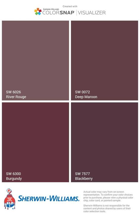 Wine Color Painted Walls, Maroon Painted Walls Bedroom Ideas, Berry Bush Sherwin Williams, Sherwin Williams Eggplant Paint Colors, Burgandy Sherwin Williams, Dark Maroon Paint Color, Aged Wine Sherwin Williams, Sw 6300 Burgundy, Mysterious Mauve Sherwin Williams