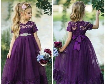 Eggplant Flower Girl Dress, Bohemian Flower Girl Dress, Bohemian Flower Girl, Purple Flower Girls, Rustic Flower Girl, Purple Flower Girl Dress, Rustic Flower Girl Dress, Purple Girls Dress, Lace Flower Girl Dress