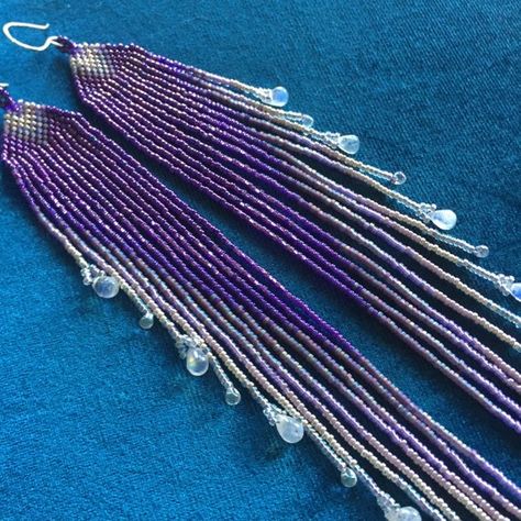 Maui Swan Designs Purple Rain with Silver and | Etsy Fringed Earrings, Beadwork Jewelry, Loom Designs, Stitch Earrings, Beadwork Earrings, Bead Loom Designs, Beaded Earrings Native, Native American Beaded Earrings, Diy Earring