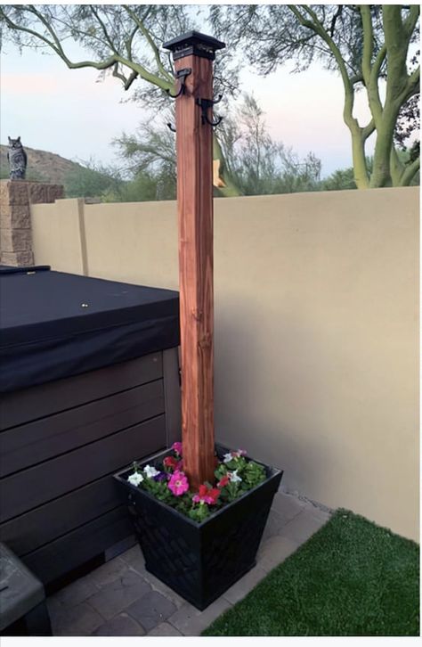 Pole Planter Ideas, Outdoor Towel Rack, Hot Tub Landscaping, Hot Tub Patio, Birdhouse Craft, Outdoor Pool Area, Hot Tub Backyard, Backyard Pool Landscaping, Backyard Diy Projects