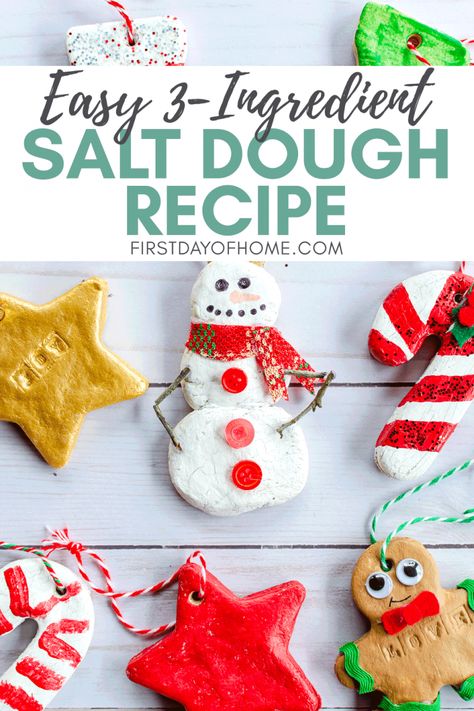 This quick and easy salt dough ornament recipe is easy enough for the kids to make! You need only 3 ingredients, and you can customize your DIY ornaments with paint, glitter, handprints, thumbprints, stamps and more. Choose to bake the dough or let air dry (no-bake option). You'll want to make salt dough ornaments for every holiday! #saltdoughornaments #saltdough #kidscrafts #christmascrafts #firstdayofhome Easy Salt Dough Ornaments, Salt Dough Ornament, Salt Dough Christmas Ornaments, Salt Dough Crafts, Salt Dough Recipe, Handprint Ornaments, Salt Dough Ornaments, Dough Ornaments, Food Ornaments