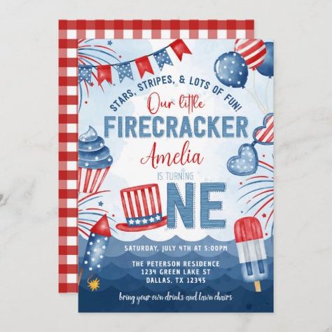 Little Firecracker 4th of July 1st Birthday Party Independence Party - red white and blue, firework, patriotic, little firecracker, 4th of july, independence day, turning one, 1st birthday, first birthday, american flag July Baby Birthday, 4th Of July 1st Birthday, Watercolor Fireworks, Cream Balloons, Sunglasses Beach, 1st Birthday Party Invitations, Fourth Birthday, July 1st, Event Details