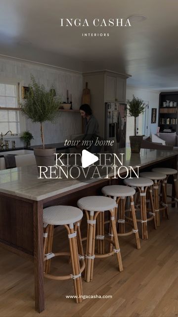 INGA CASHA INTERIORS | 10 ft kitchen island = fits 5 kiddos. That’s designer/mom math. 😅 Take a quick tour of our kitchen with me! | Instagram 10 Ft Island Kitchen, 10 Ft Kitchen Island, Island Fits, Kitchen Island Layout, Painted Island, Inset Cabinets, Quartzite Countertops, Ft Island, Oak Kitchen