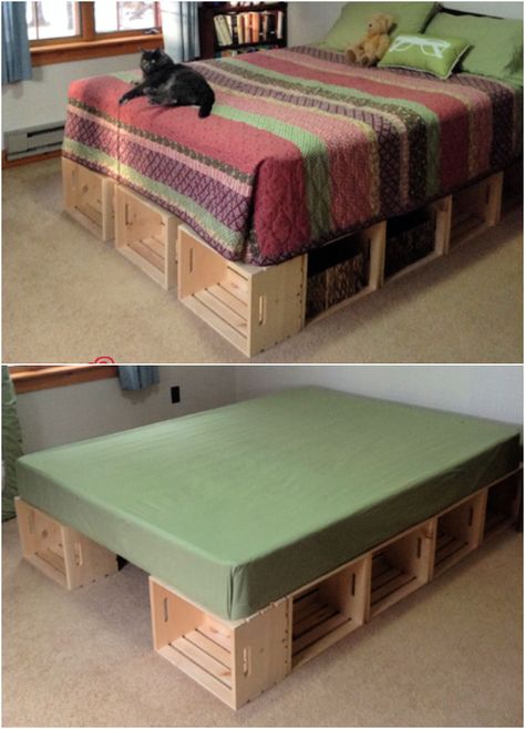 Decorating With Wooden Crates, Wooden Crates Bed, Bed Made Out Of Pallets, Crate Bed Frame, Homemade Bed Frame, Homemade Beds, Pallet Bed Frame, Diy Storage Bed, Bookshelf Bed